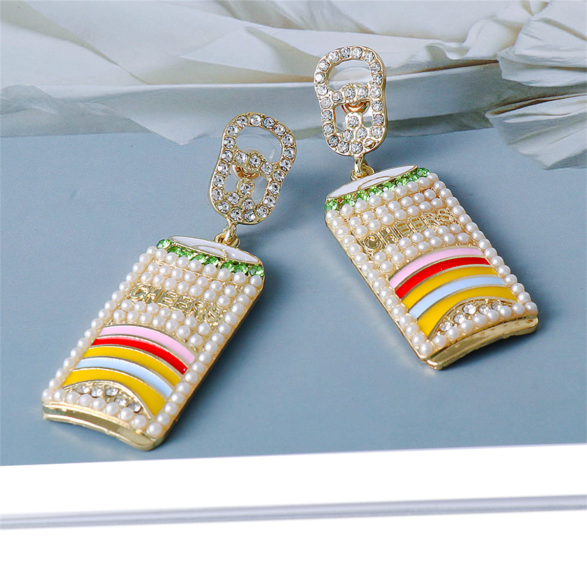 Pearl & Cubic Zirconia Multicolor Enamel Drink Drop Earrings