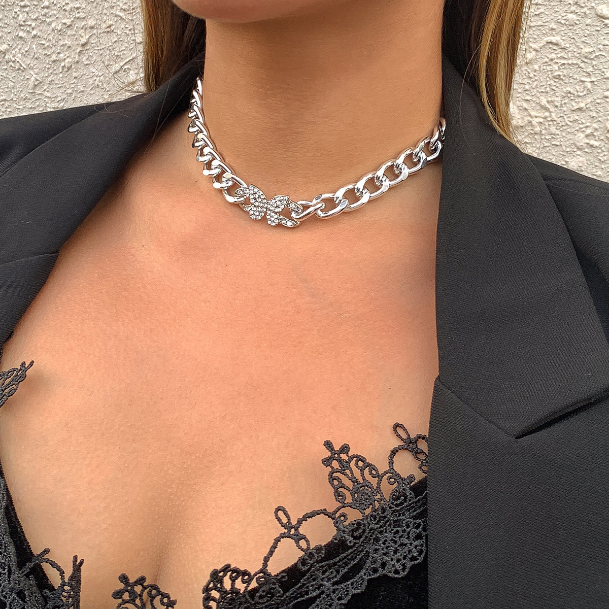 Cubic Zirconia and Silver-Plated Butterfly Cable Chain Necklace, silver pendant necklace for women, front view