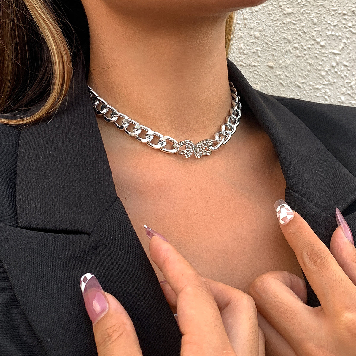 Cubic Zirconia and Silver-Plated Butterfly Cable Chain Necklace, silver pendant necklace for women, everyday style, side view