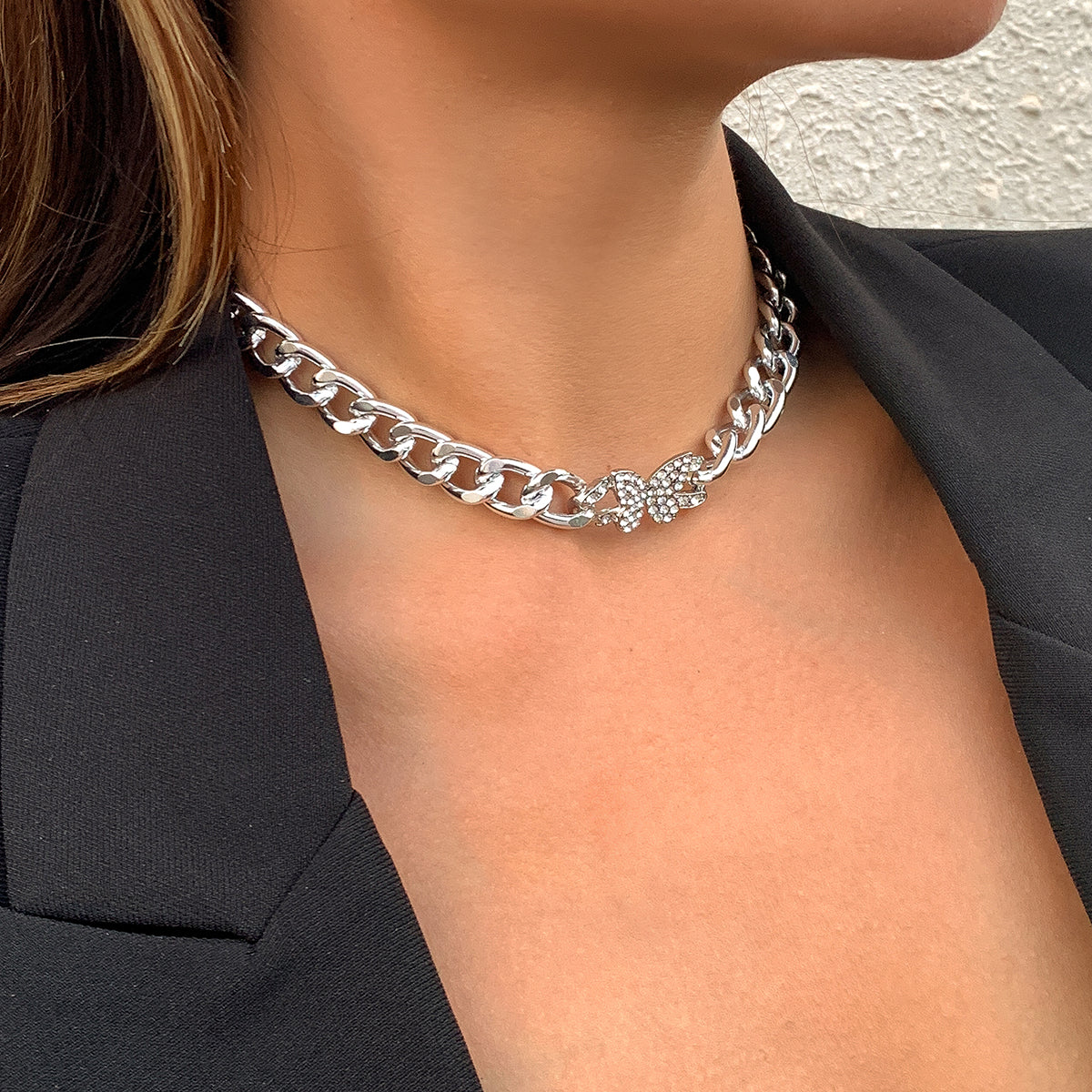 Cubic Zirconia and Silver-Plated Butterfly Cable Chain Necklace, silver pendant necklace for women, detail close-up