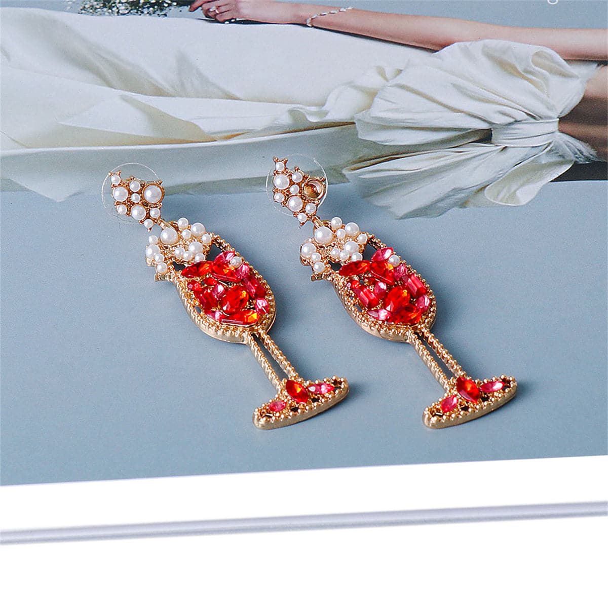 Red Crystal & Cubic Zirconia Pearl Champagne Drop Earrings