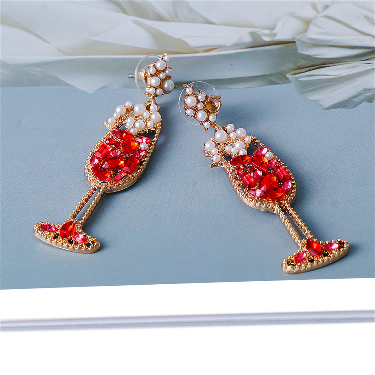 Red Crystal & Cubic Zirconia Pearl Champagne Drop Earrings