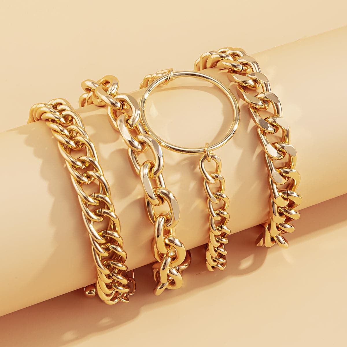 18K Gold Plated Hoop Cable Chain Bracelet Set, jewelry gift sets for women, dainty minimalist design, detail close-up