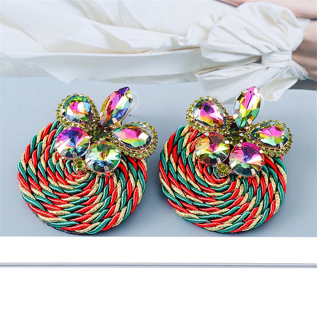 Green and Red Crystal Butterfly Round Rope Drop Earrings, drop earrings for women, everyday style, side view