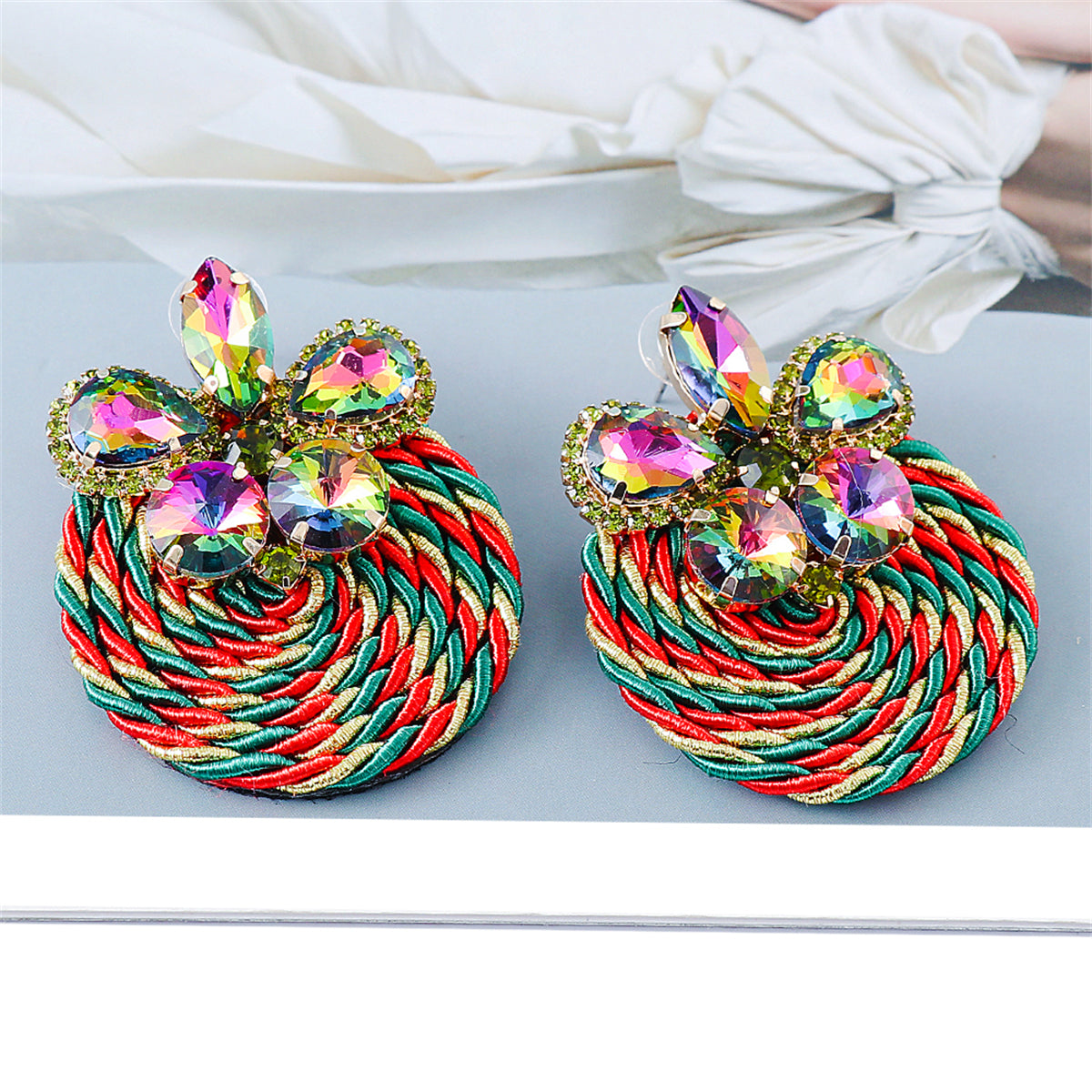 Green and Red Crystal Butterfly Round Rope Drop Earrings, drop earrings for women, everyday style, detail close-up