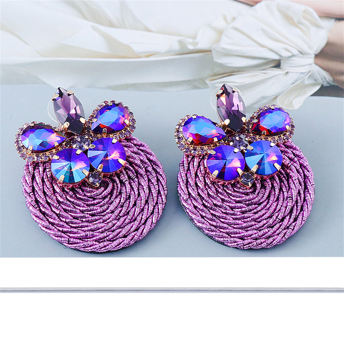 Purple Cubic Zirconia and 18K Gold-Plated Butterfly Round Drop Earrings, gold drop earrings for women, detail close-up
