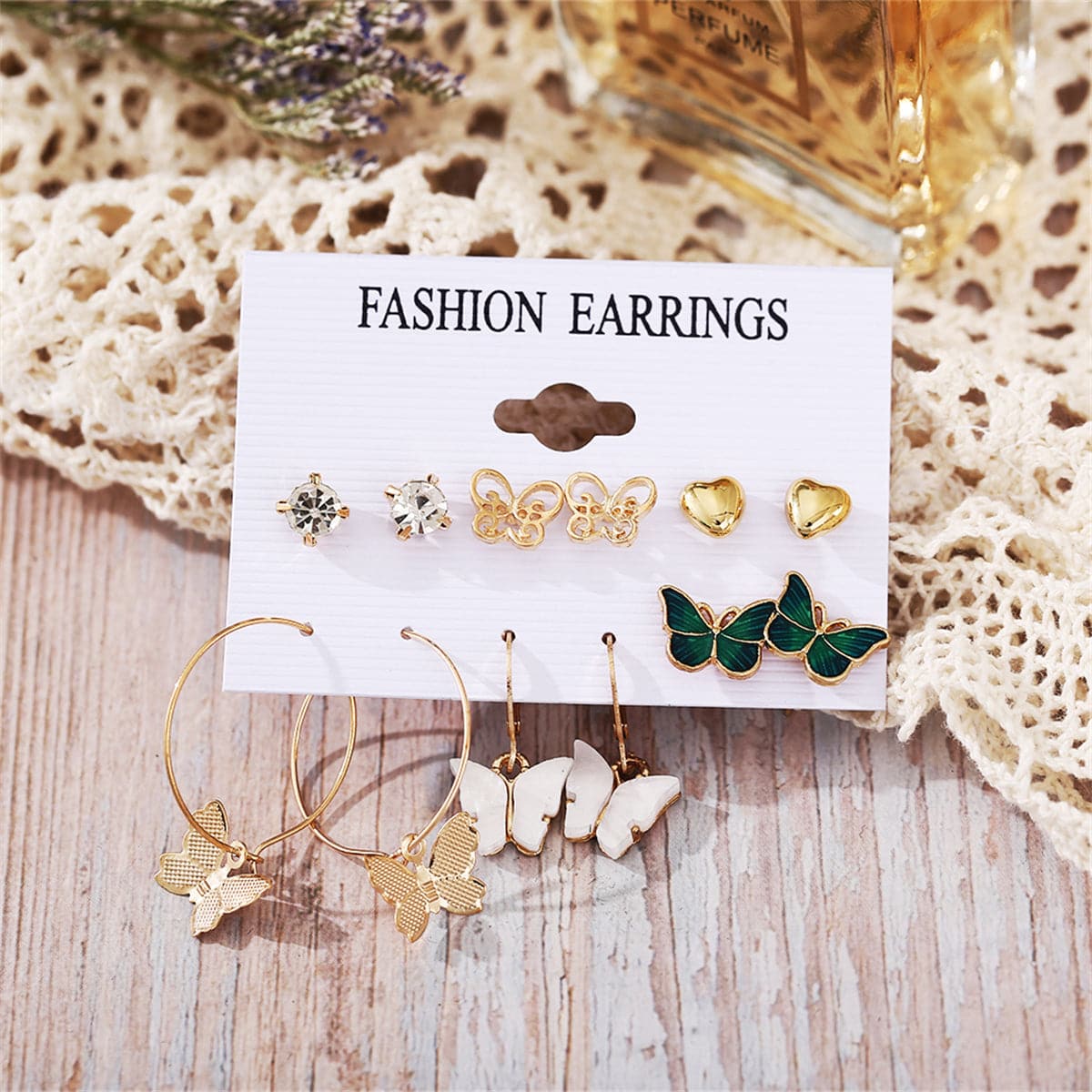 Cubic Zirconia & Acrylic 18K Gold-Plated Butterfly Earrings Set