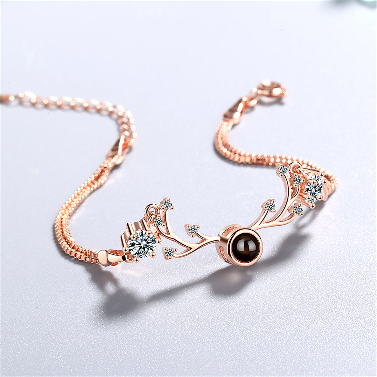 Cubic Zirconia and 18K Rose Gold-Plated Antler Charm Bracelet, rose gold bracelet for women, lifestyle look