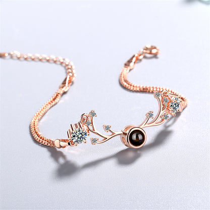 Cubic Zirconia and 18K Rose Gold-Plated Antler Charm Bracelet, rose gold bracelet for women, lifestyle look