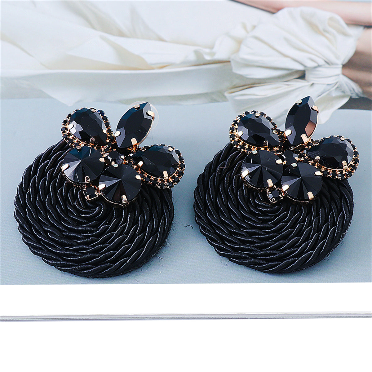 Black Crystal and Cubic Zirconia Butterfly Drop Earrings, drop earrings for women, botanical inspired, detail close-up