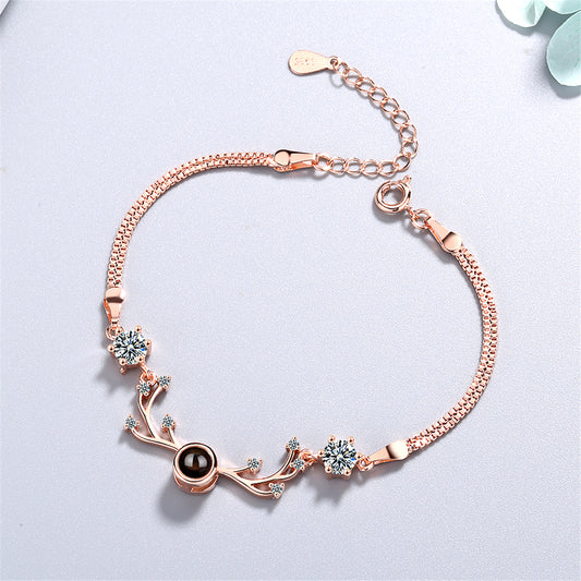 Cubic Zirconia and 18K Rose Gold-Plated Antler Charm Bracelet, rose gold bracelet for women, front view
