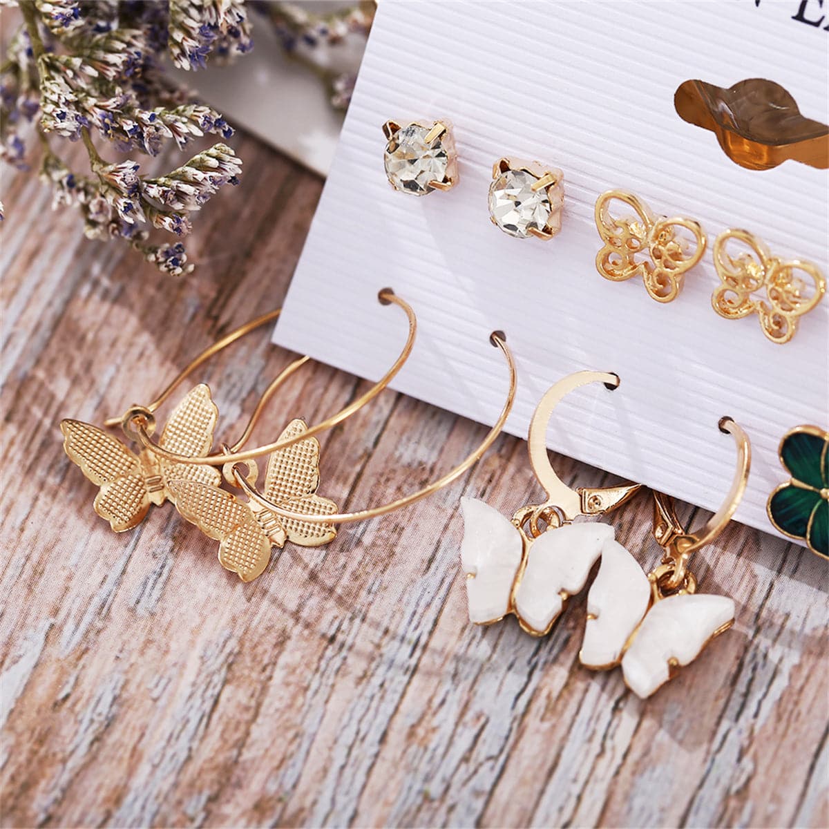 Cubic Zirconia & Acrylic 18K Gold-Plated Butterfly Earrings Set
