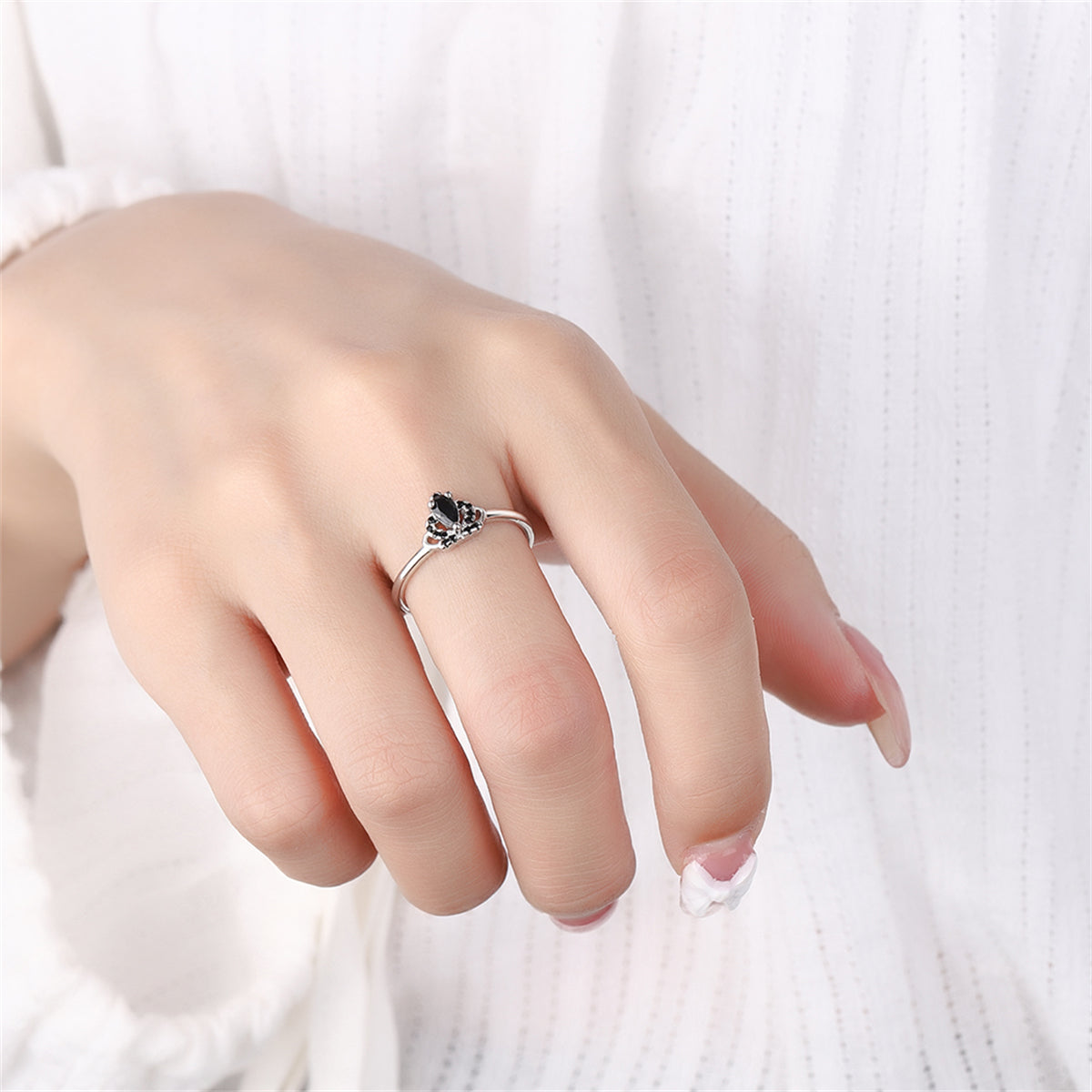 Black Cubic Zirconia and Silver-Plated Crown Open Ring, silver statement rings for women, styled look