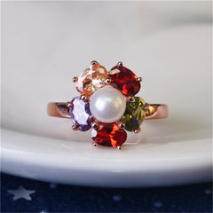 Multicolor Crystal & Pearl 18k Rose Gold-Plated Flower Ring