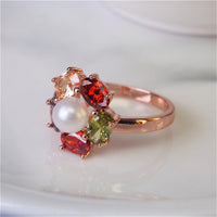 Multicolor Crystal & Pearl Flower Ring