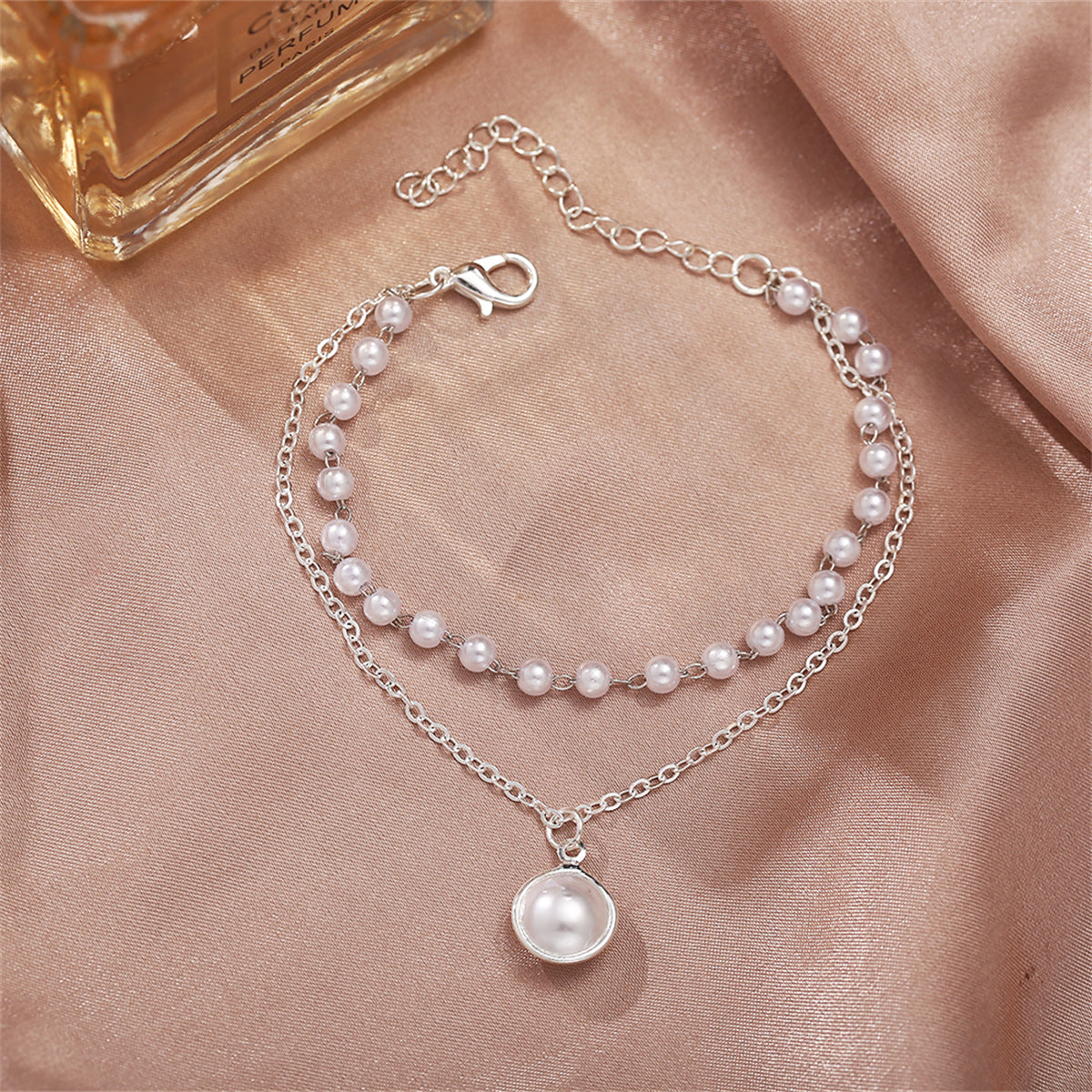 Pearl and Silver-Plated Layered Station Bracelet, silver bracelet for women, dainty minimalist design, front view