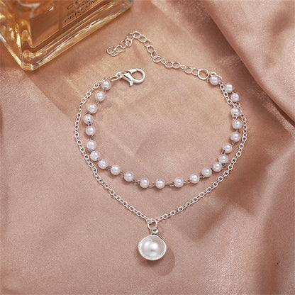Pearl and Silver-Plated Layered Station Bracelet, silver bracelet for women, dainty minimalist design, front view