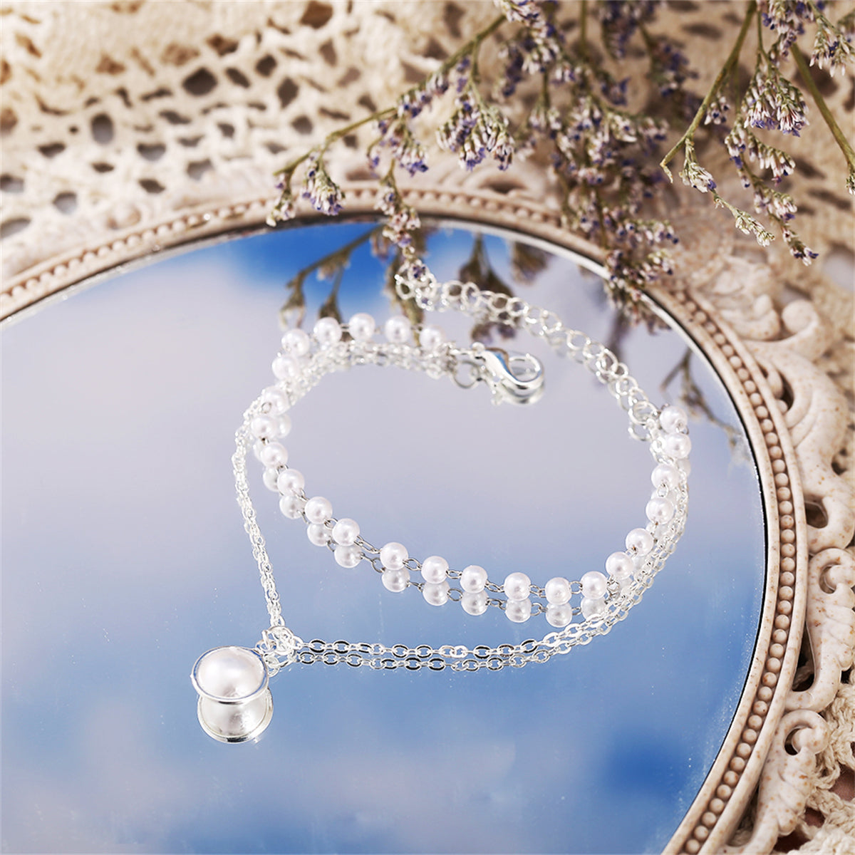 Pearl and Silver-Plated Layered Station Bracelet, silver bracelet for women, dainty minimalist design, detail close-up
