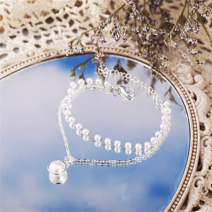Pearl and Silver-Plated Layered Station Bracelet, silver bracelet for women, dainty minimalist design, detail close-up