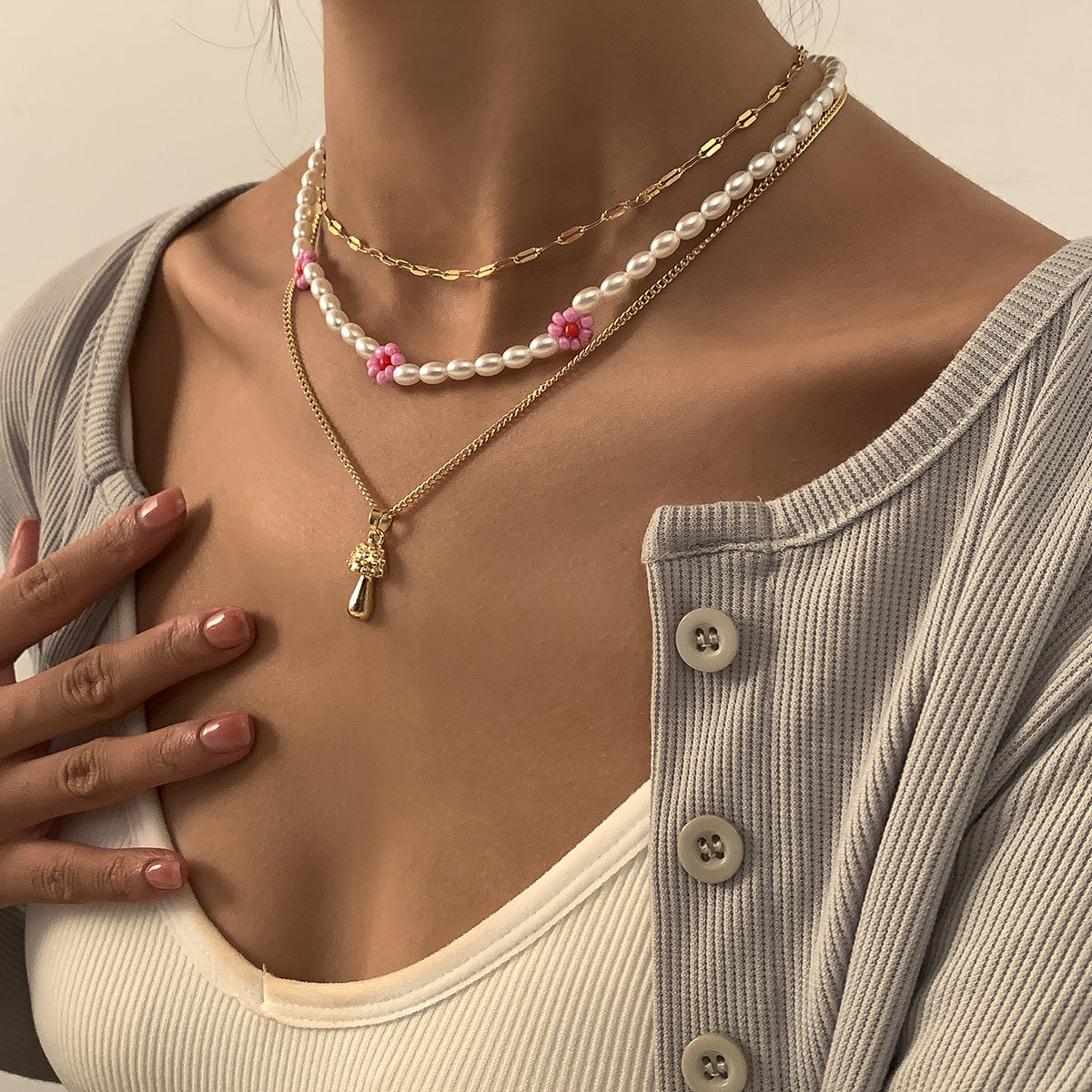 Pink Howlite and Pearl 18K Gold-Plated Mushroom Pendant Necklace Set, jewelry gift sets for women, side view