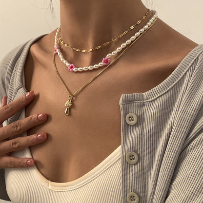 Pink Howlite and Pearl 18K Gold-Plated Mushroom Pendant Necklace Set, jewelry gift sets for women, side view