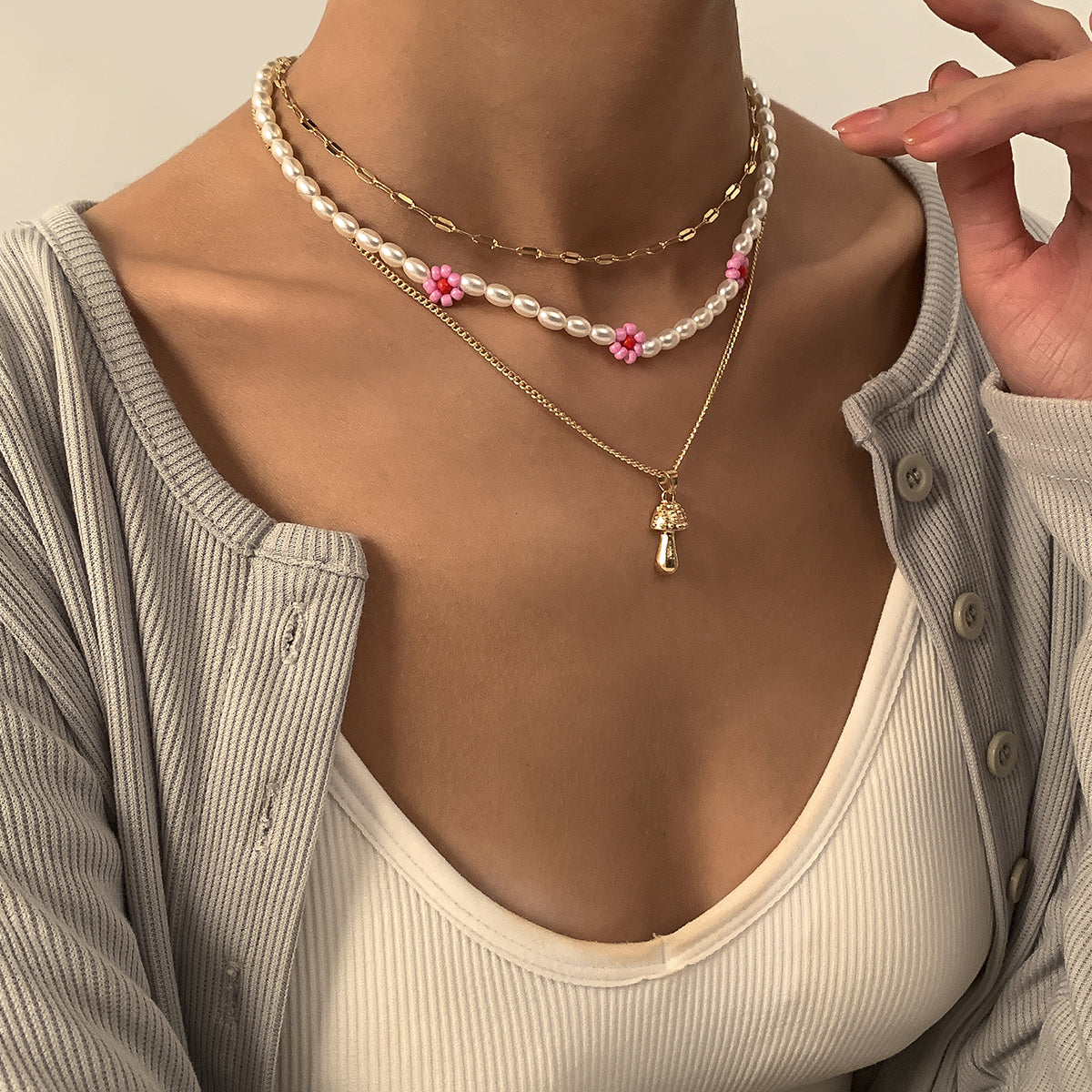 Pink Howlite & Pearl 18K Gold-Plated Mushroom Pendant Necklace Set