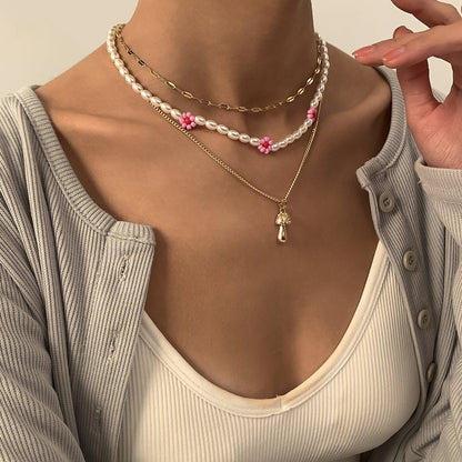 Pink Howlite and Pearl 18K Gold-Plated Mushroom Pendant Necklace Set, jewelry gift sets for women, detail close-up