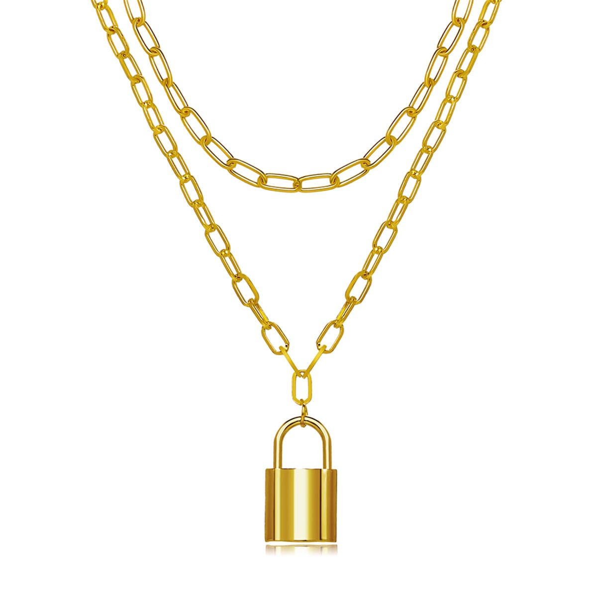 18K Gold-Plated Lock Layered Pendant Necklace, gold pendant necklace for women, vintage-inspired design, front view