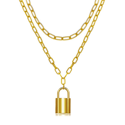 18K Gold-Plated Lock Layered Pendant Necklace, gold pendant necklace for women, vintage-inspired design, front view