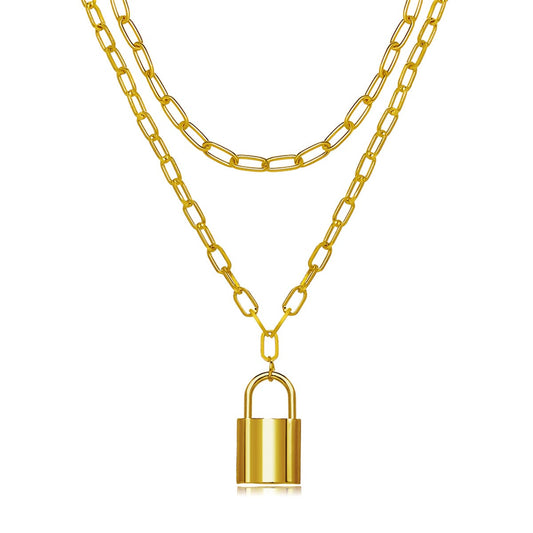 18K Gold-Plated Lock Layered Pendant Necklace, gold pendant necklace for women, vintage-inspired design, front view