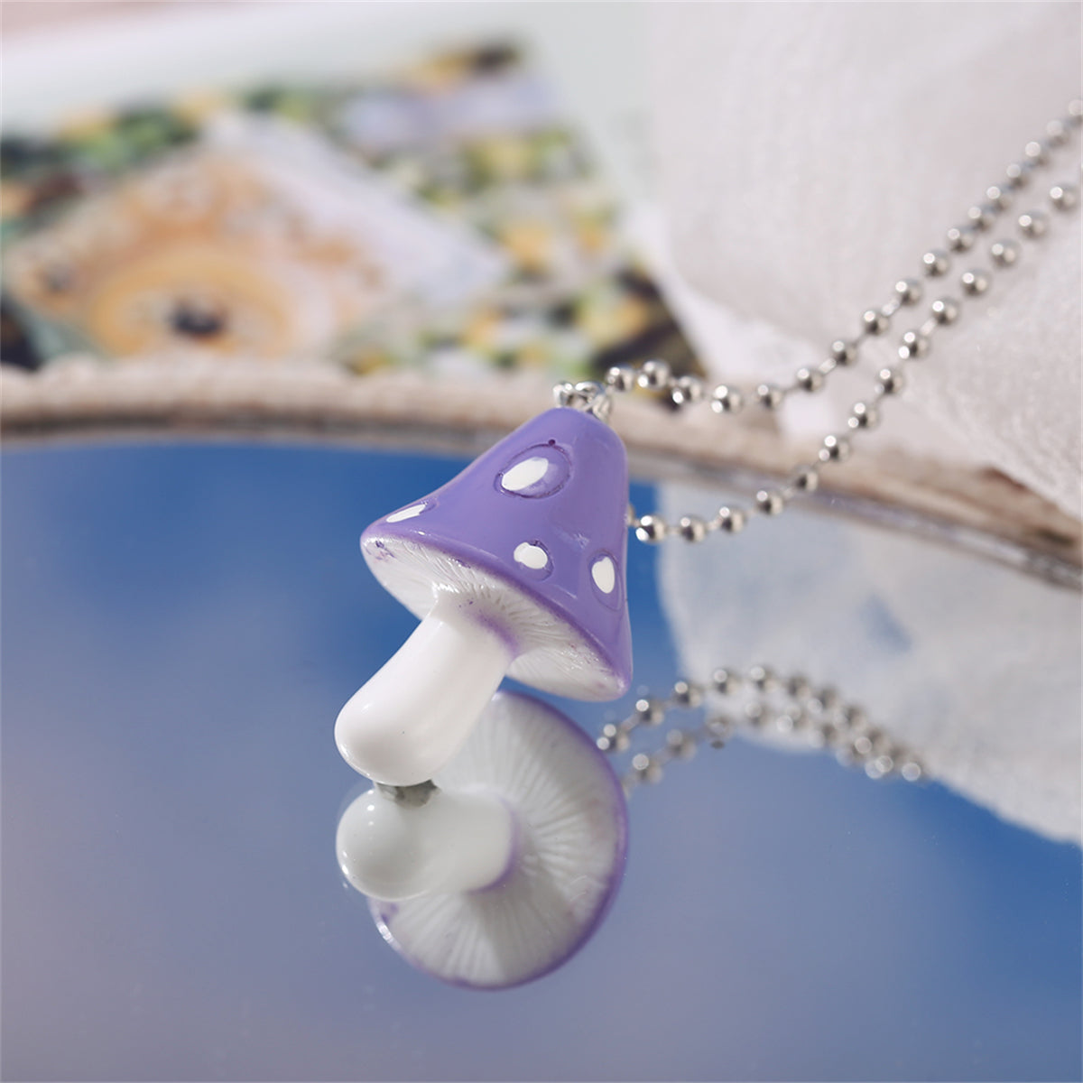 Purple Resin and Silver-Plated Ball Chain Mushroom Pendant Necklace, silver pendant necklace for women, front view