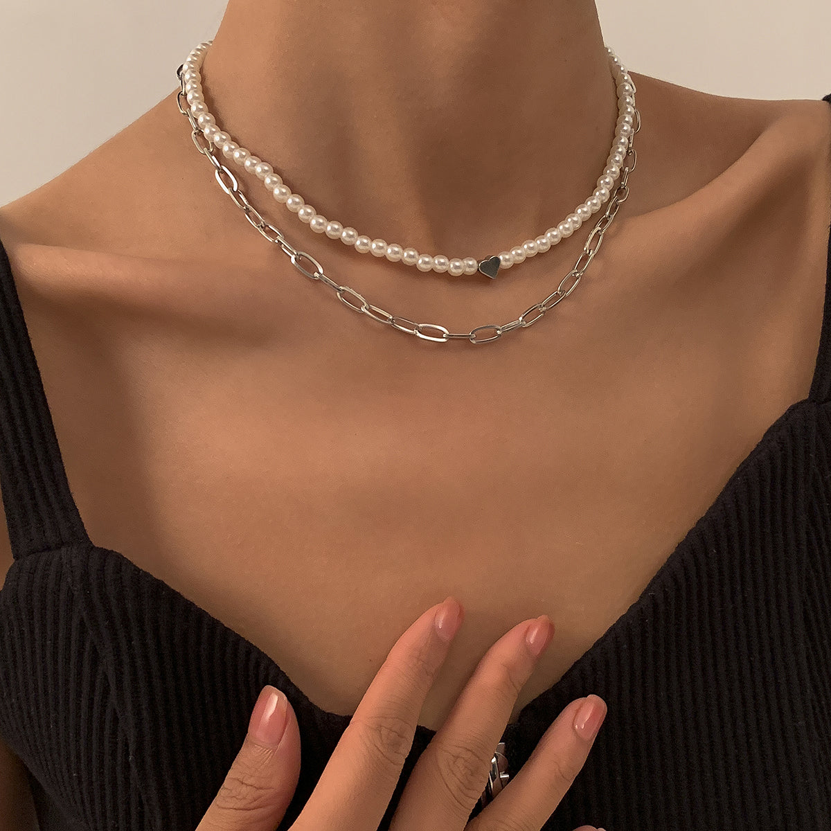 Pearl & Silver-Plated Heart Necklace Set