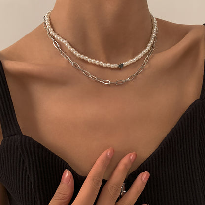 Pearl and Silver-Plated Heart Necklace Set, jewelry gift sets for women, everyday style, side view