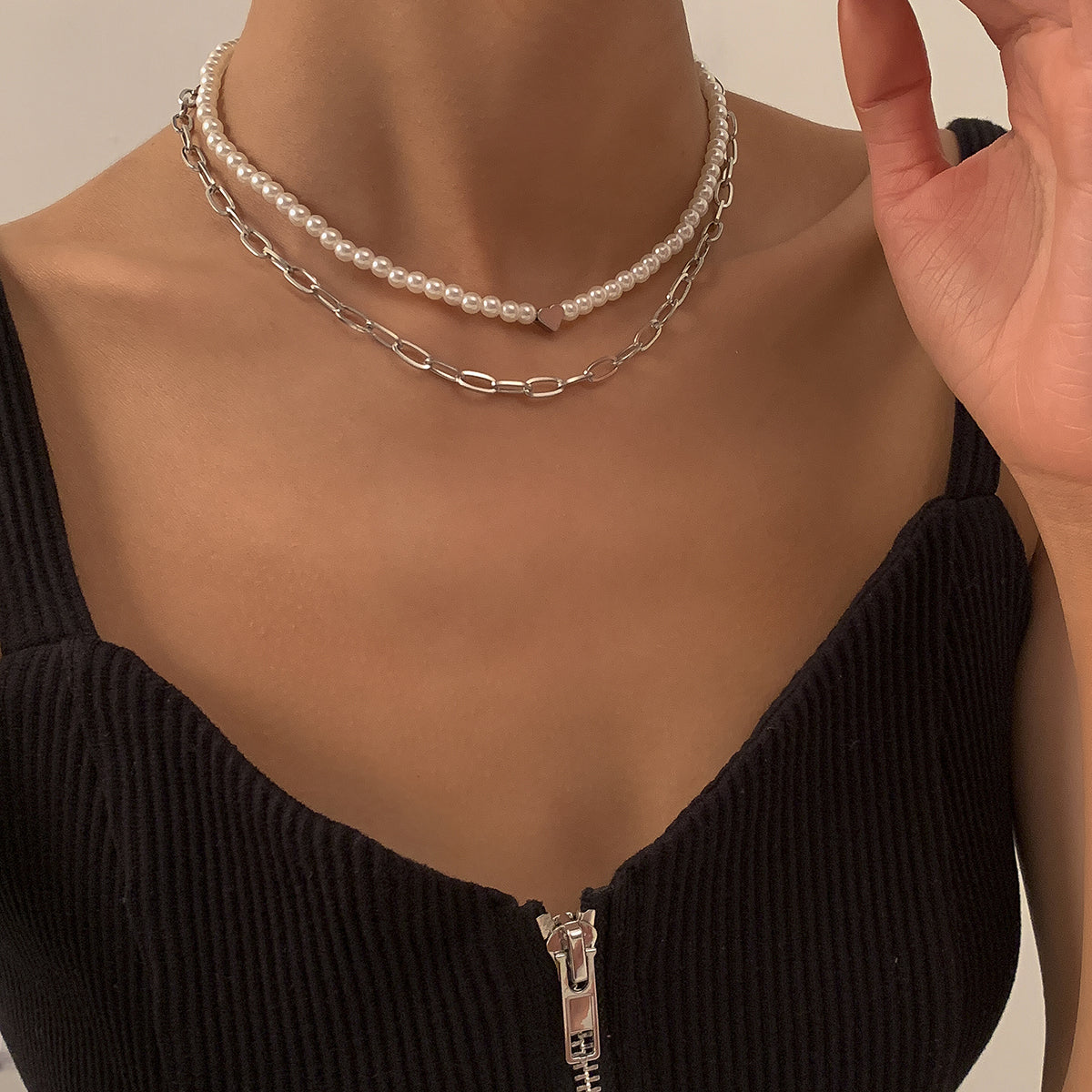 Pearl and Silver-Plated Heart Necklace Set, jewelry gift sets for women, everyday style, detail close-up