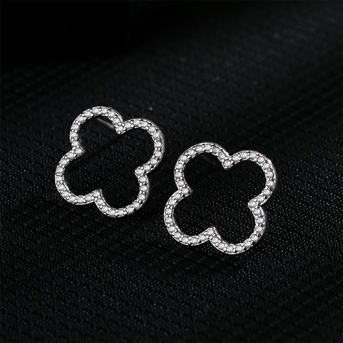 Cubic Zirconia and Silver-Plated Clover Stud Earrings, silver stud earrings for women, everyday style, front view