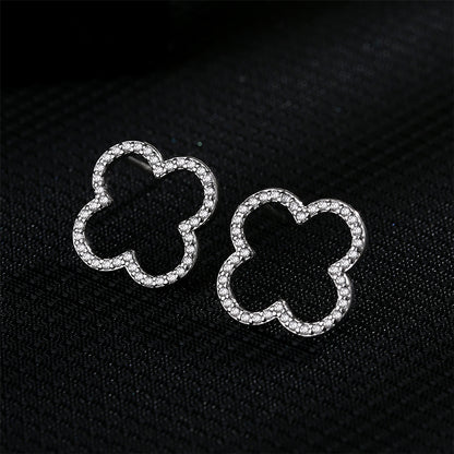Cubic Zirconia and Silver-Plated Clover Stud Earrings, silver stud earrings for women, everyday style, front view