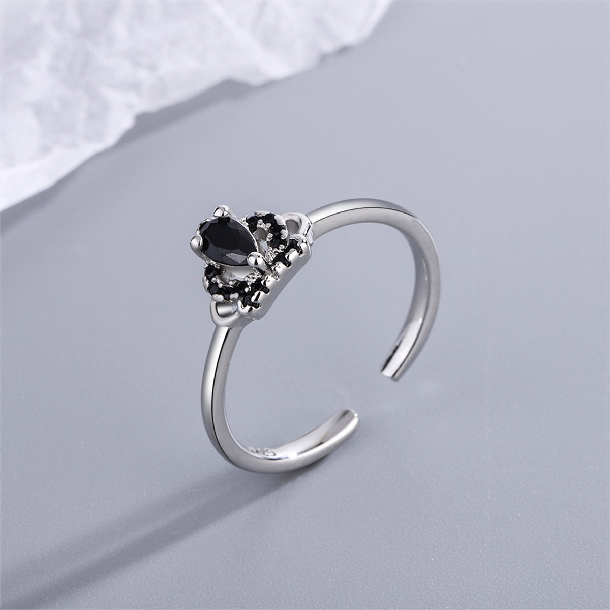 Black Cubic Zirconia and Silver-Plated Crown Open Ring, silver statement rings for women, dainty minimalist design, side view