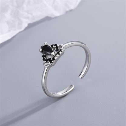 Black Cubic Zirconia and Silver-Plated Crown Open Ring, silver statement rings for women, dainty minimalist design, side view