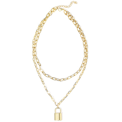 18K Gold-Plated Lock Layered Pendant Necklace, gold pendant necklace for women, vintage-inspired design, side view