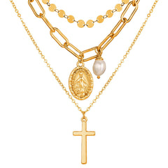 Pearl & 18K Gold-Plated Cross Layered Pendant Necklace
