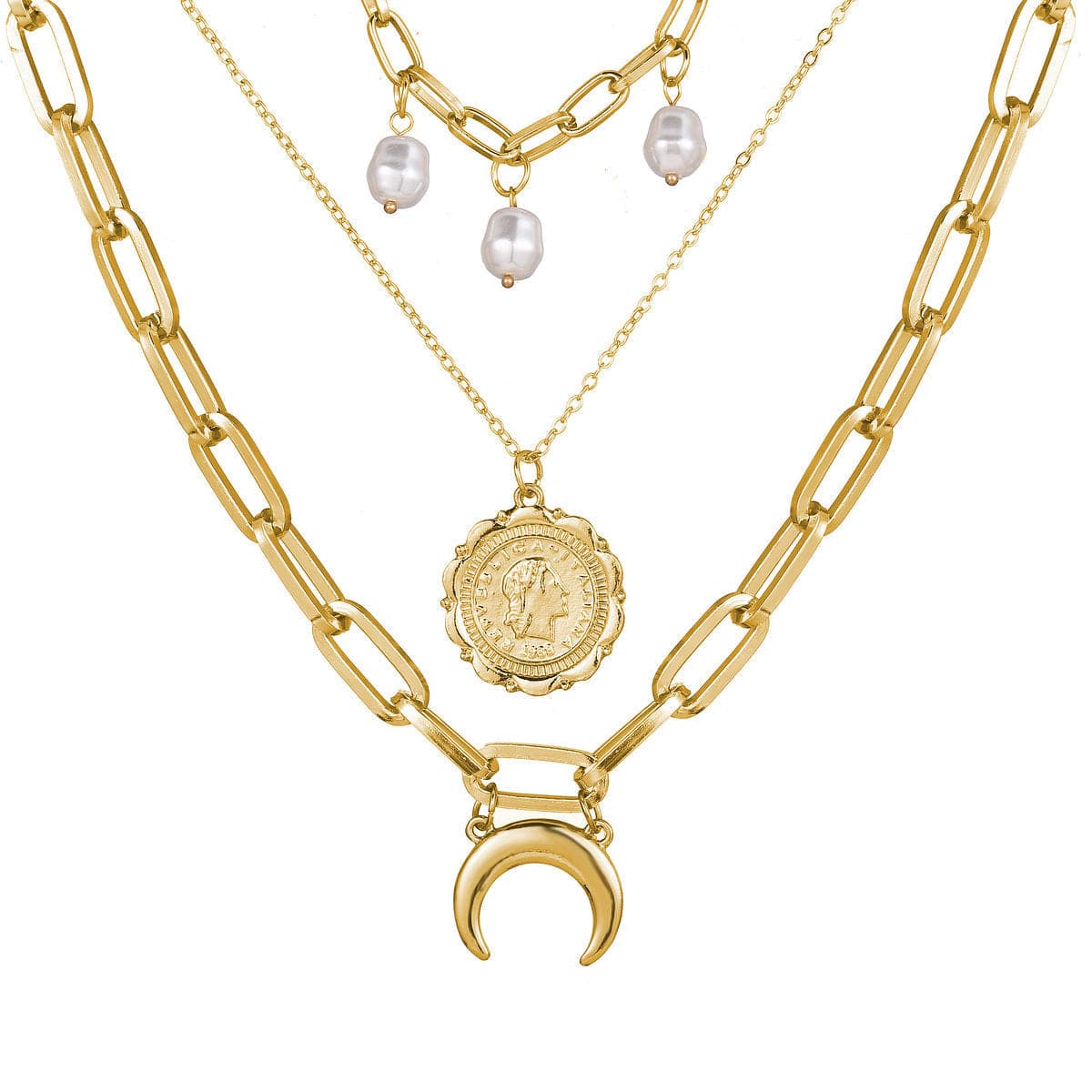 Pearl & 18K Gold-Plated Moon Coin Layer Necklace
