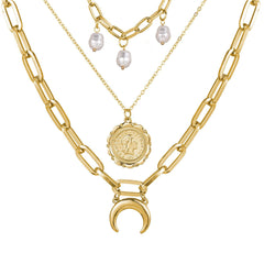 Pearl & 18K Gold-Plated Moon Coin Layer Necklace