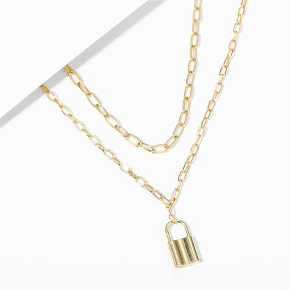18K Gold-Plated Lock Layered Pendant Necklace, gold pendant necklace for women, vintage-inspired design, styled look