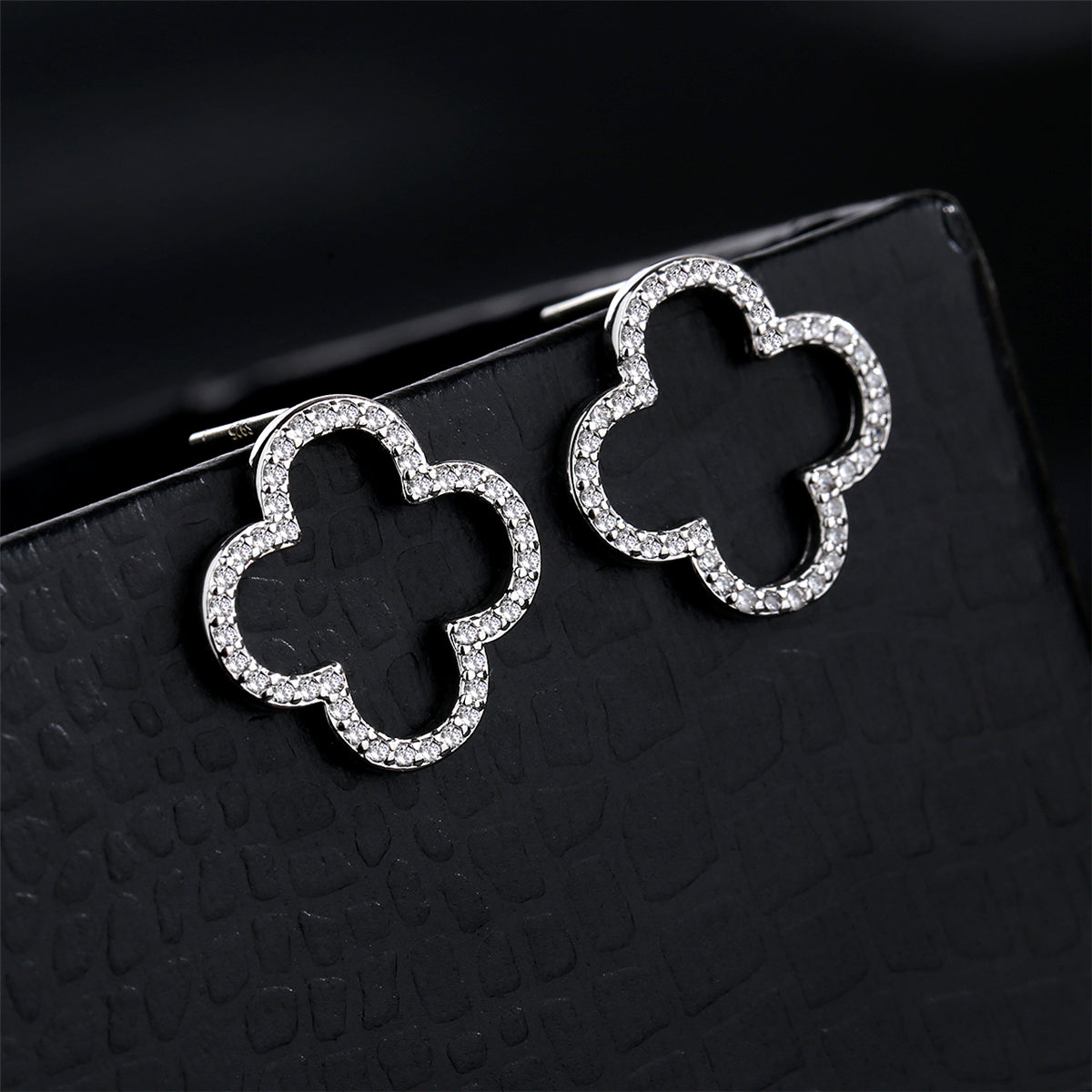 Cubic Zirconia and Silver-Plated Clover Stud Earrings, silver stud earrings for women, everyday style, side view