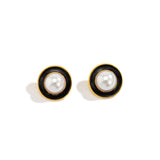 Black Enamel & Pearl Round Stud Earrings