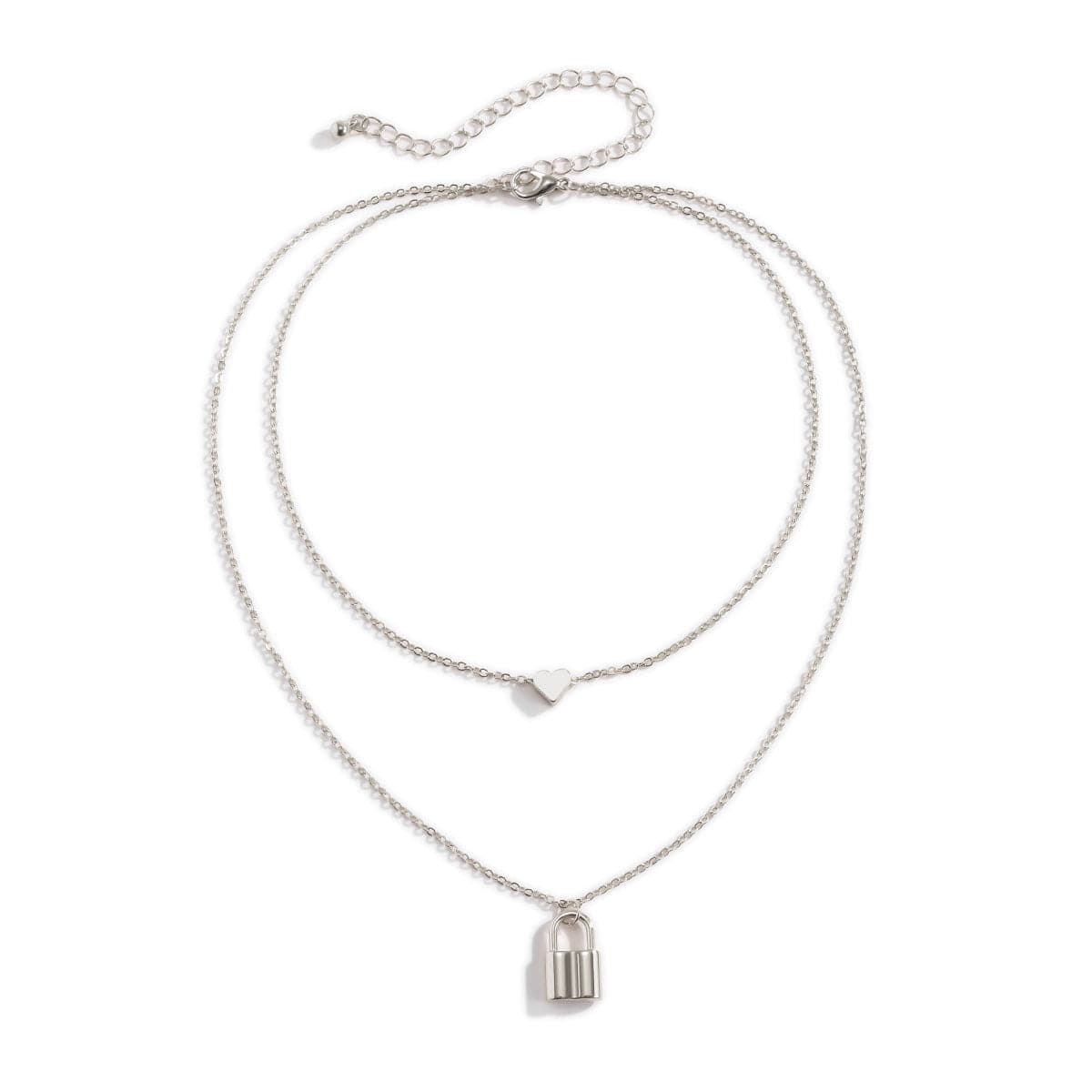 Silver-Plated Heart & Lock Layered Pendant Necklace
