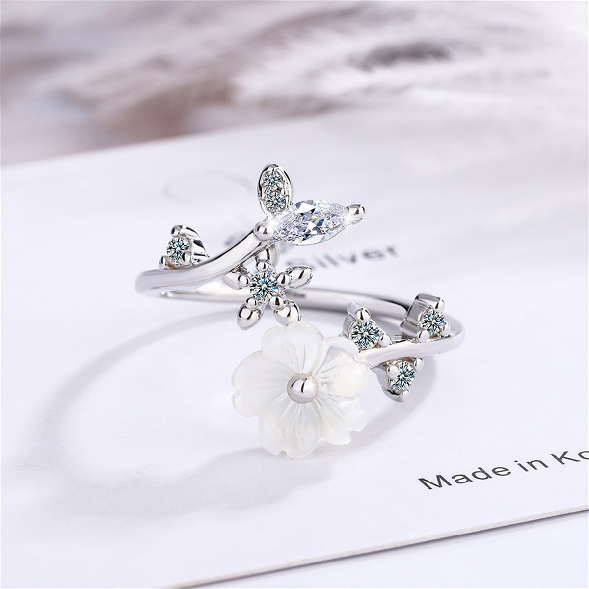Cubic Zirconia and Shell Silver-Plated Shell Flower Bypass Ring, silver statement rings for women, side view