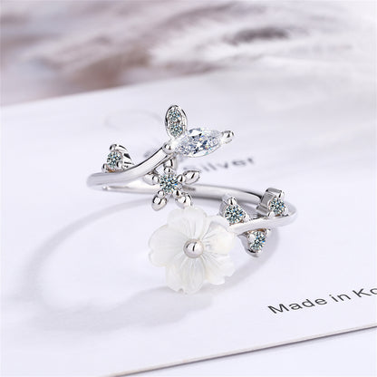 Cubic Zirconia and Shell Silver-Plated Shell Flower Bypass Ring, silver statement rings for women, side view