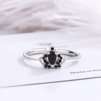 Black Cubic Zirconia and Silver-Plated Crown Open Ring, silver statement rings for women, detail close-up