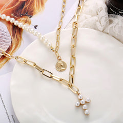 Pearl & 18K Gold-Plated Cross Layered Pendant Necklace